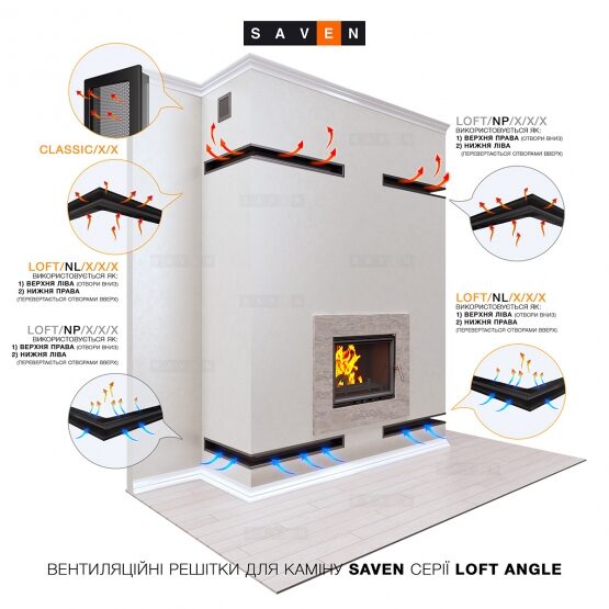 Вентиляционная решетка для камина 90х400х600 SAVEN Loft Angle угловая левая белая. Чертеж