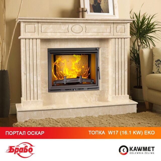 Каминокомплект: Чугунная топка KAWMET W17 (16.1 kW) ECO  с мраморным порталом Оскар (Браво). Фото 2