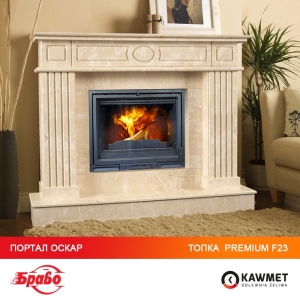 Каминокомплект: портал мраморный Оскар Браво (Botticino) с топкой на дровах  KAWMET Premium HERMES F23. Фото 2