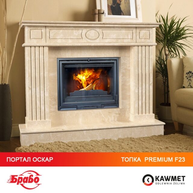 Каминокомплект: портал мраморный Оскар Браво (Botticino) с топкой на дровах  KAWMET Premium HERMES F23. Фото 2