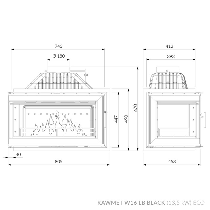 Каминная топка KAWMET W16 LB Black (13.5 kW) ECO. Чертеж